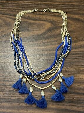 Stella & Dot Multi Strand Tulum Tassle Necklace, Retired Design, Blue and Gold